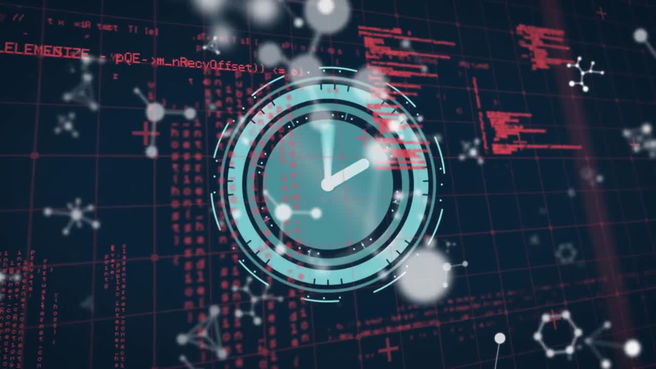 Animation of data processing, molecules and clock moving fast over gird