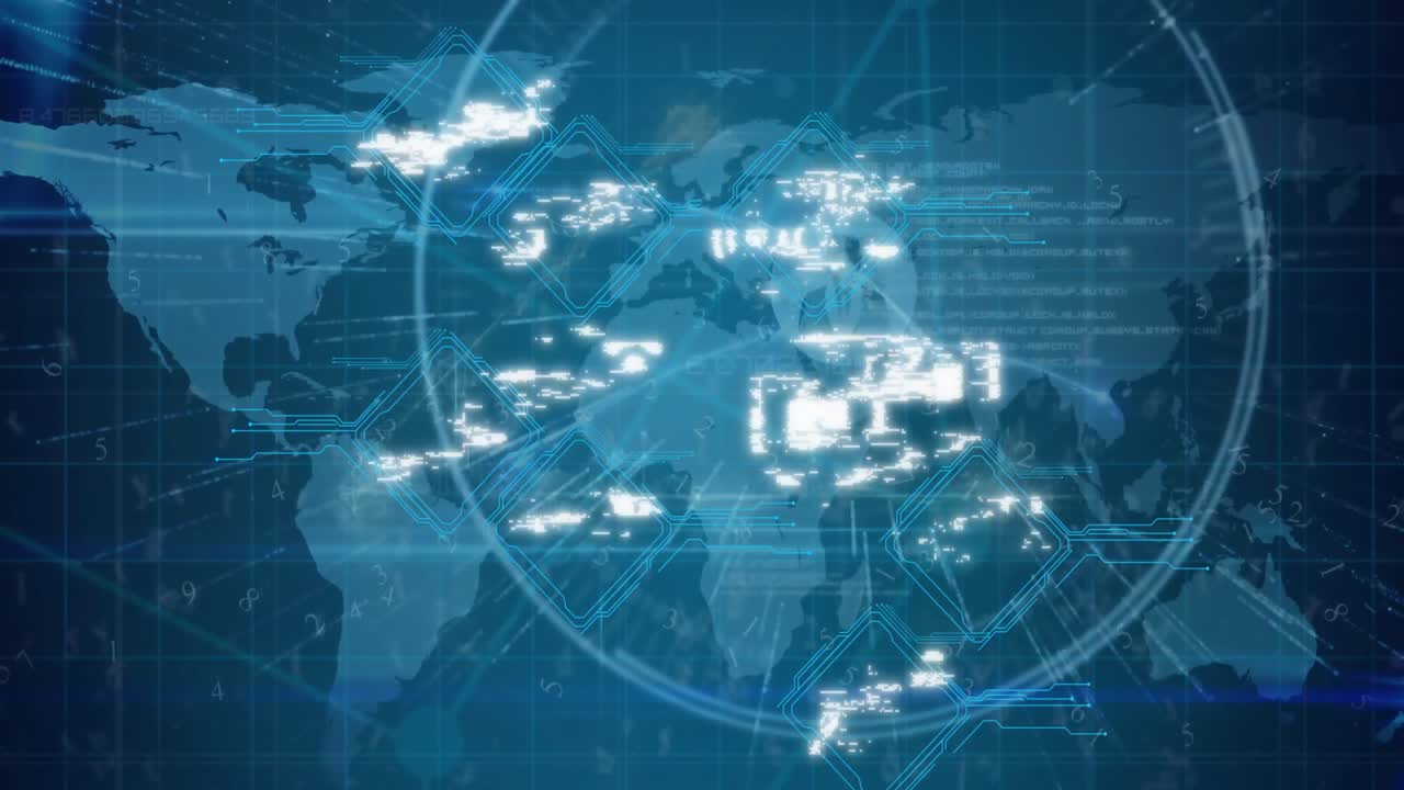 파란색 배경에 있는 세계 지도 위의 여러 디지털 아이콘의 애니메이션.
