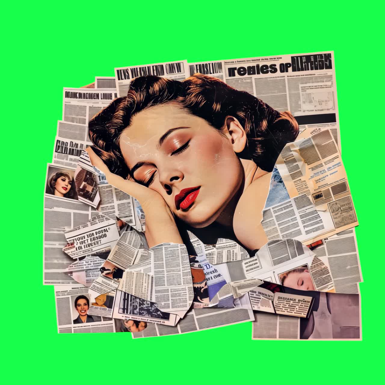 Vintage collage portrait art animation, transparent 4K video, green screen