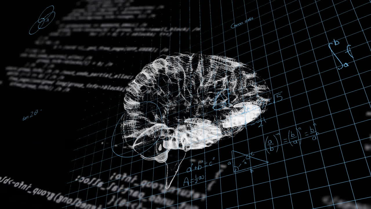 Animation of brain network with blue mathematical formulae, geometry and algebra on black background