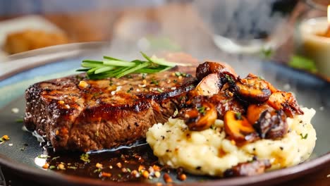 a steak with mashed potatoes and mushrooms on a plate