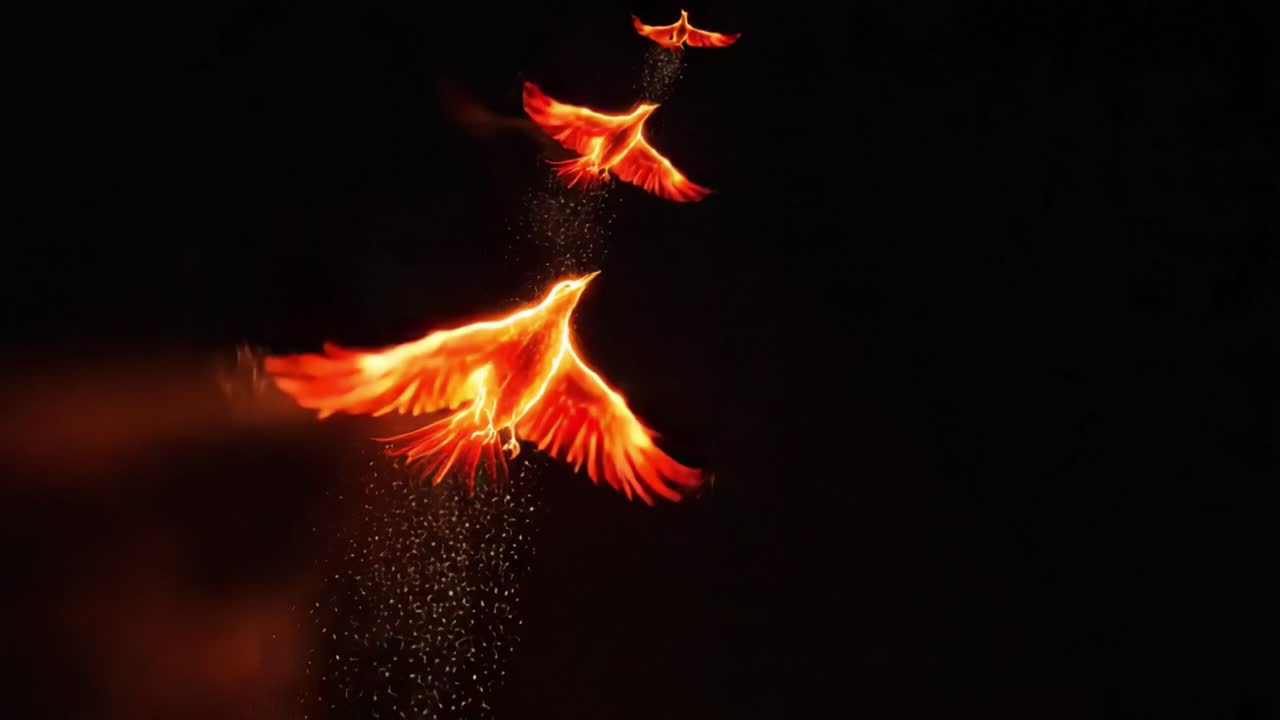 A series of fiery, majestic birds soaring through a dark sky, their vivid orange flames illuminating the night as they create trails of sparks in their flight