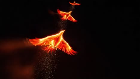 a series of fiery, majestic birds soaring through a dark sky, their vivid orange flames illuminating the night as they create trails of sparks in their flight