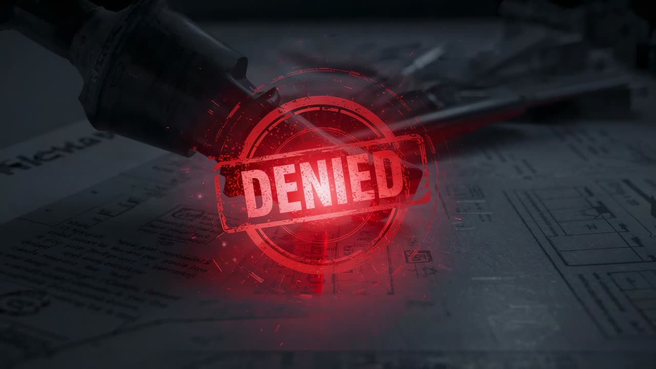 Applying red DENIED stamp graphic over plans at desk, faint glow appearing and signaling rejection