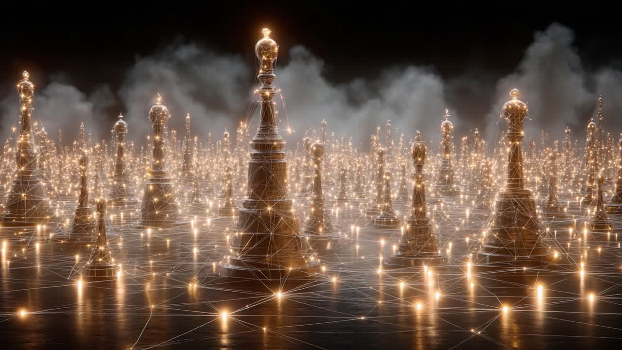 Illuminated Chessboard: A Captivating Blend of Strategy and Artistry with Glowing Chess Pieces Amidst a Dramatic and Mystical Atmosphere