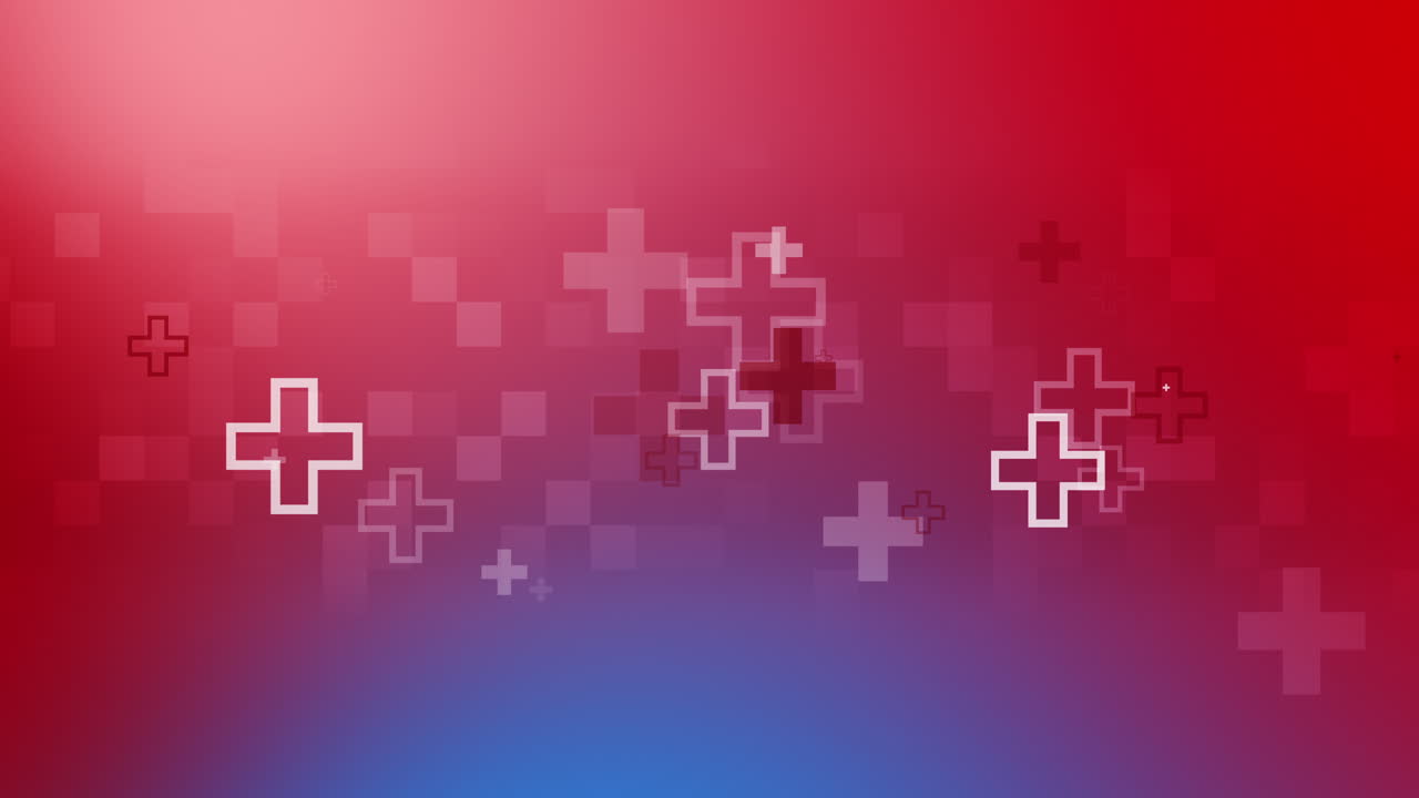 Abstract geometric medical cross shape on red and blue glowing background. Health care looped scientific animation.