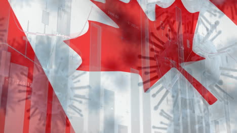 macro corona virus spreading with canadian flag billowing in the background