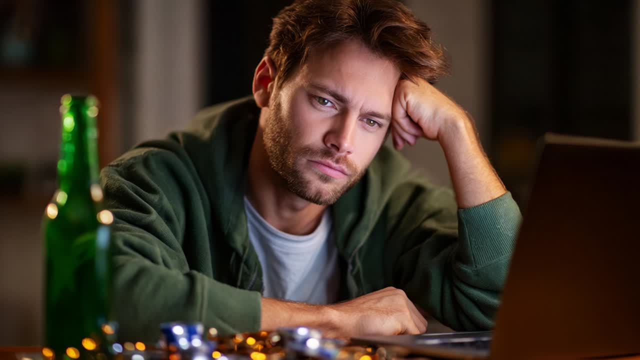 A young man sits in front of his laptop, looking contemplative and slightly frustrated, with a green bottle and scattered chips on the table, during a nighttime indoor setting illuminated by soft lighting