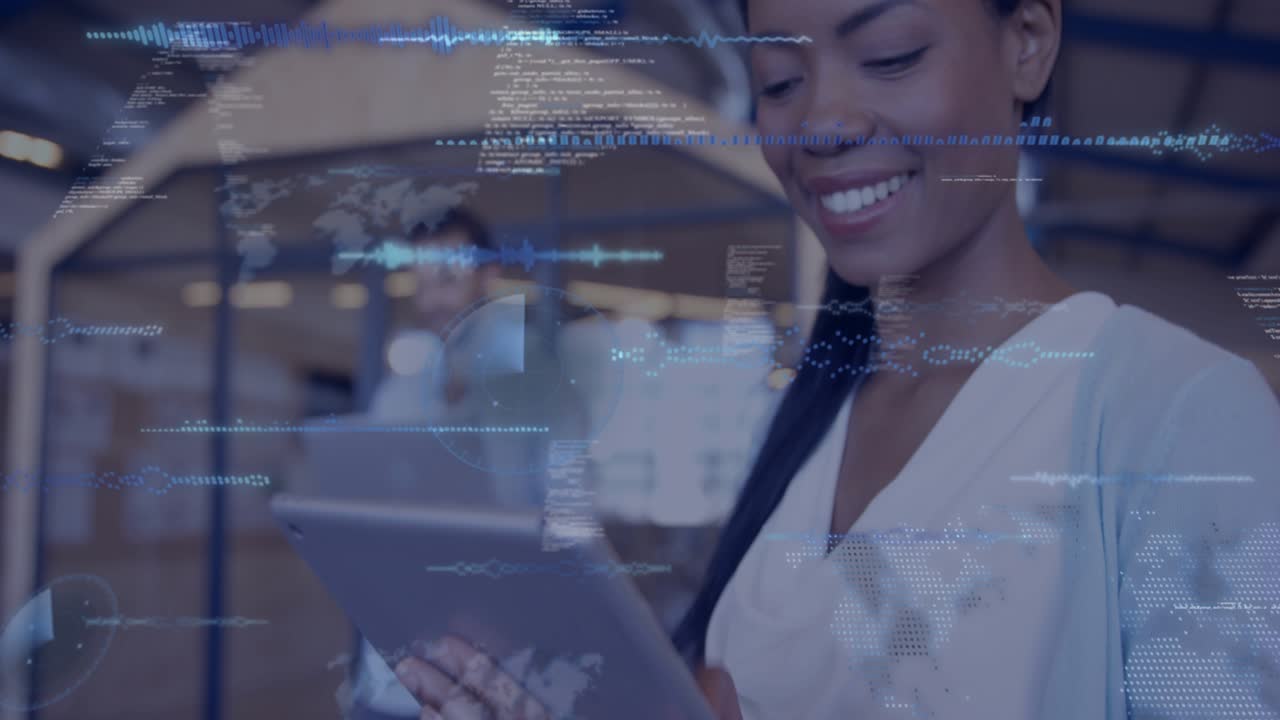 Woman tapping tablet and swiping, showing technology overlays and reviewing data with map