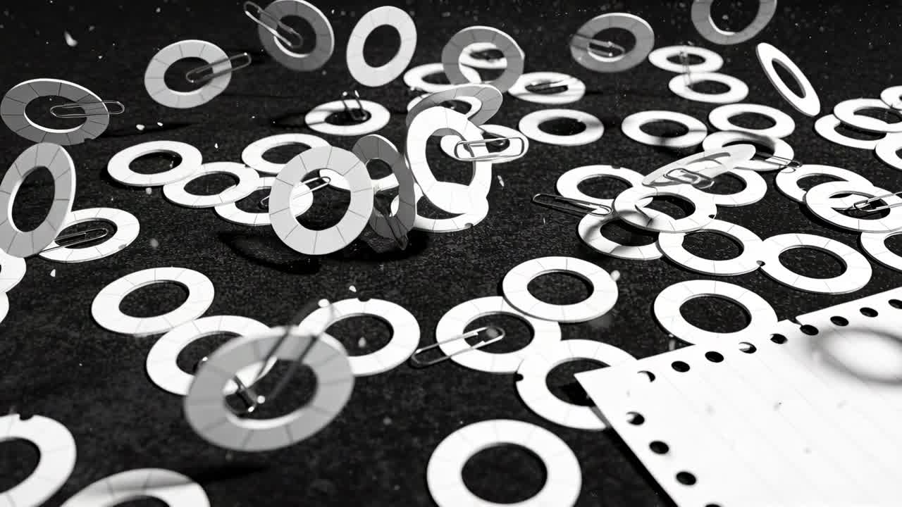 Rising ring grommets with clips spinning, spreading after jolt on mat, sprocket strip lower-right