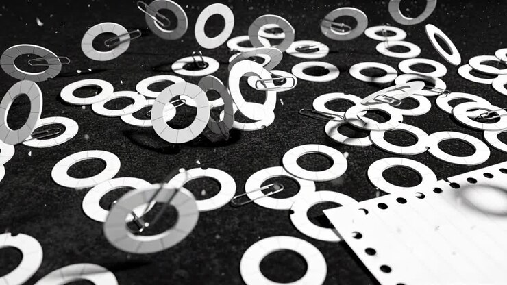 Rising ring grommets with clips spinning, spreading after jolt on mat, sprocket strip lower-right