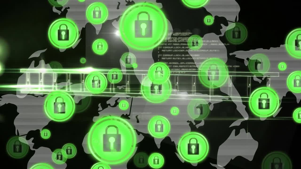 세계 지도 위에  ⁇ 락 보안 아이콘을 가진 연결 네트워크의 애니메이션