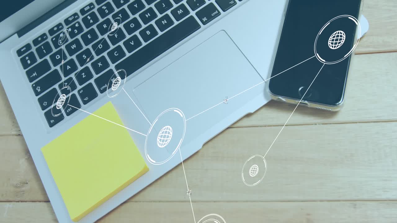 animación de la red de conexiones con iconos sobre portátiles y teléfonos inteligentes
