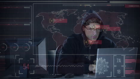 animación del procesamiento de datos sobre un hacker con una computadora portátil