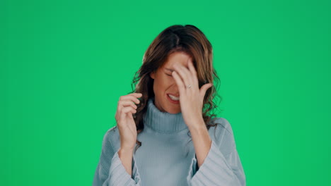 mujer, pantalla verde y enojado con tirar del cabello