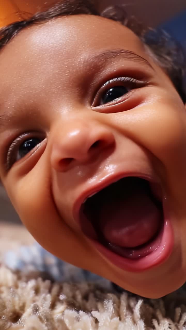 Bimbo felice che esprime gioia con un sorriso e una risata commoventi, primo piano che cattura l'essenza dell'innocenza e della gioia infantile