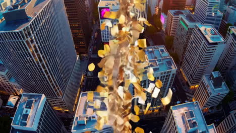 golden confetti falling over city skyline at sunset