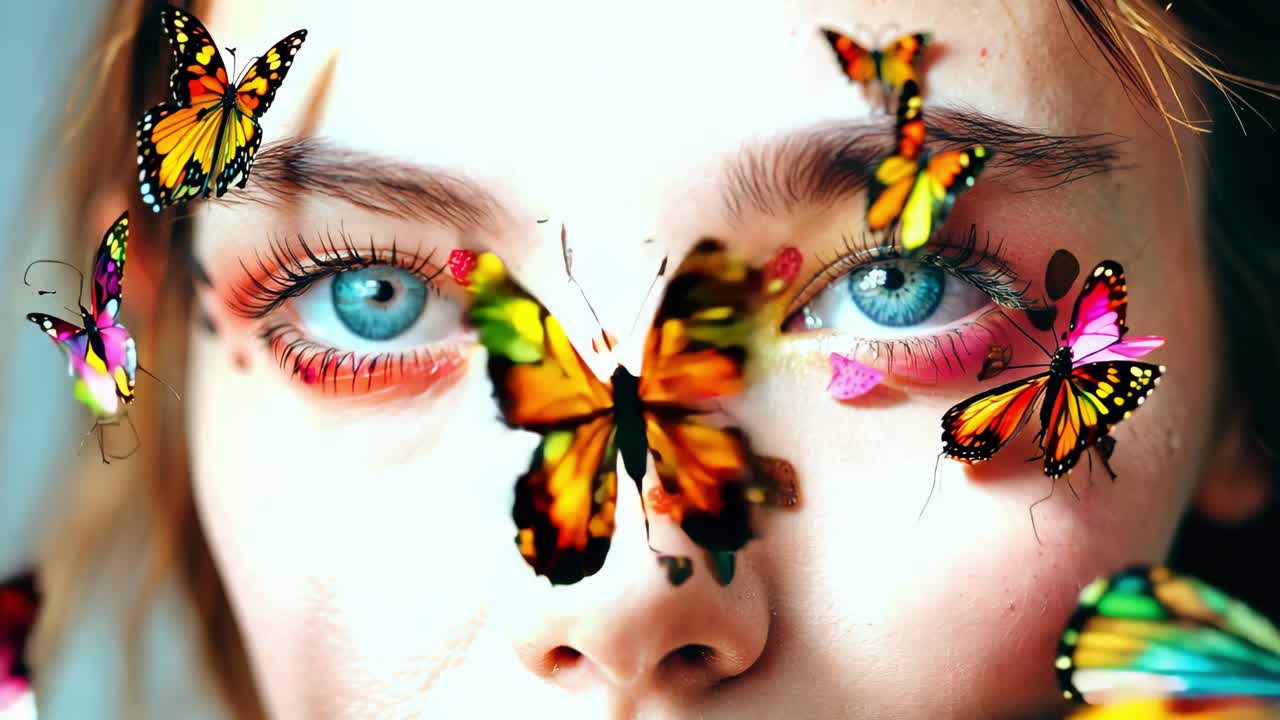 Glittery makeup adorned model surrounded by vibrant butterflies fluttering near face, capturing delicate beauty against pristine white background
