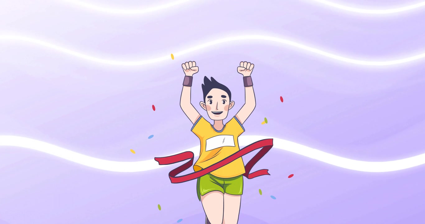 Animación de un corredor masculino cruzando la línea de meta sobre un fondo rosa.