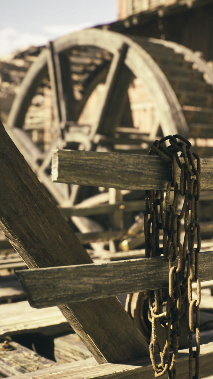 Weathered chains and wooden wheels create a rustic charm in an old mill setting