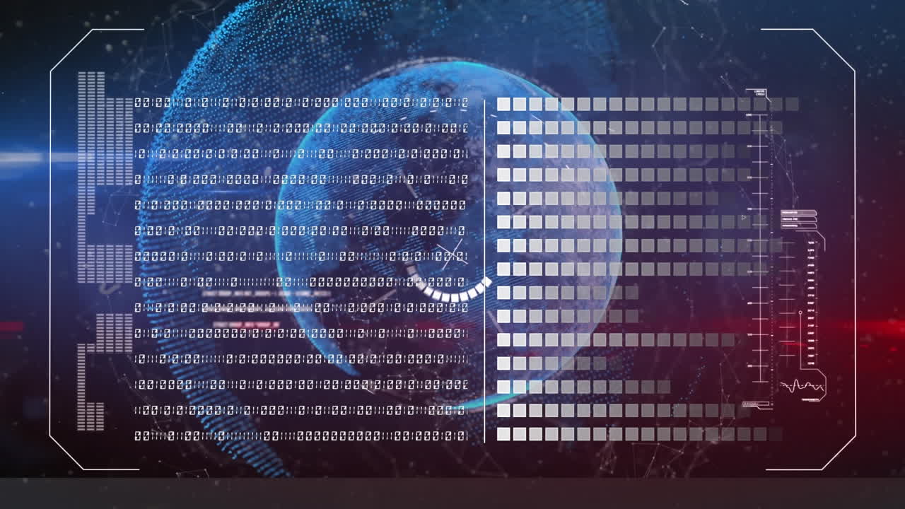 Animation of interface with data processing over spinning globe against gradient background