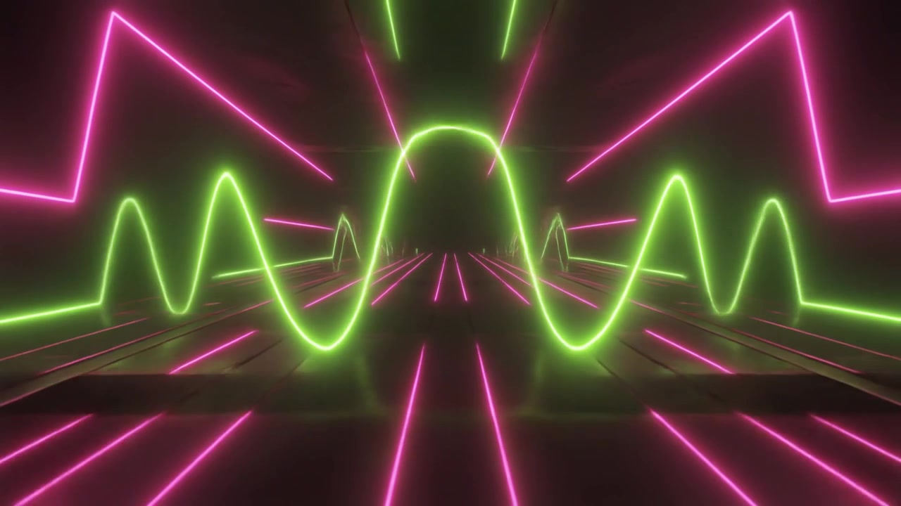 Tunnel astratto di luce al neon con forma d'onda verde pulsante
