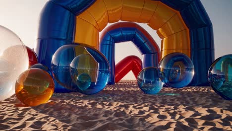 inflatable arches and spheres of various colors and sizes standing on a sandy beach during sunset, creating a surreal and playful atmosphere