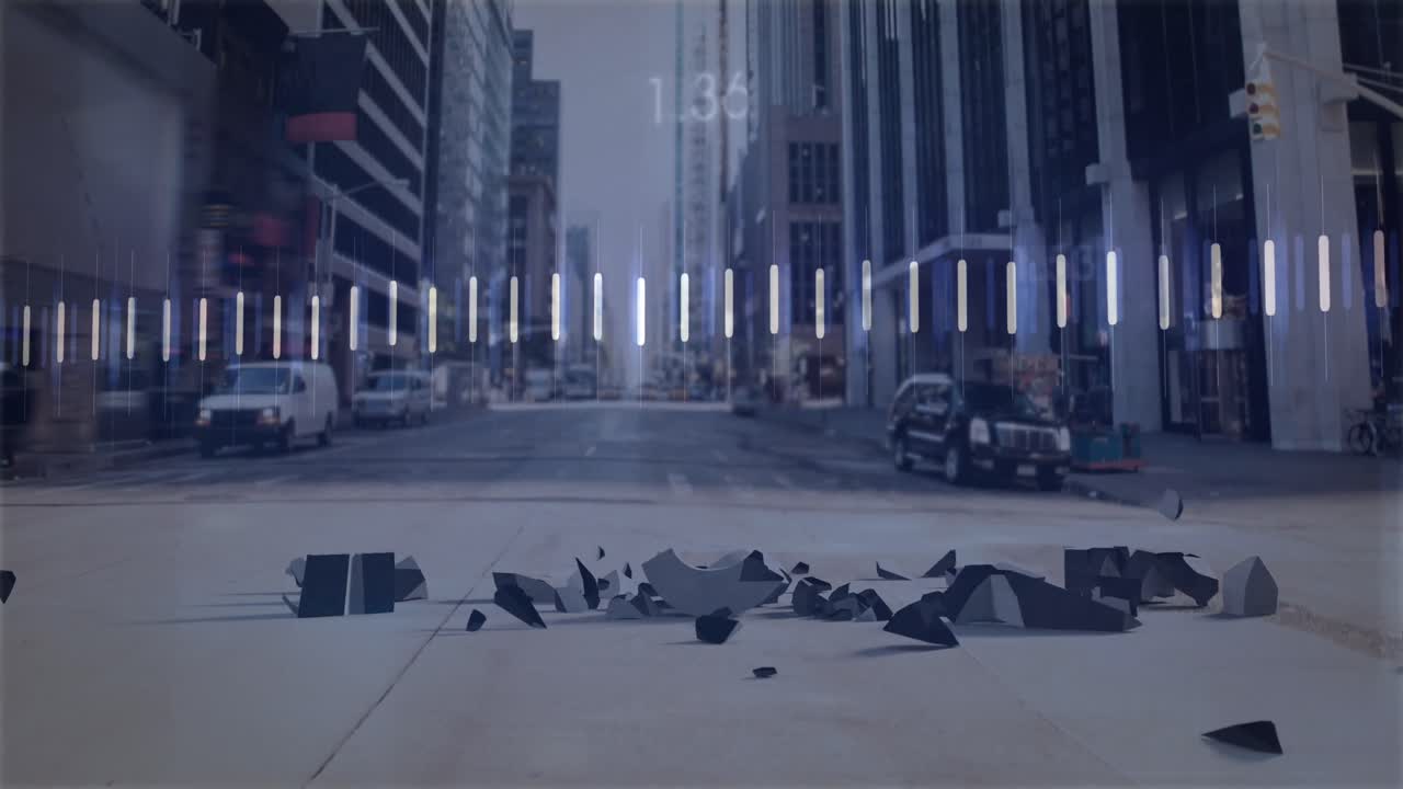 금융 데이터 처리 및 도시 풍경 위의 달러 기호의 애니메이션