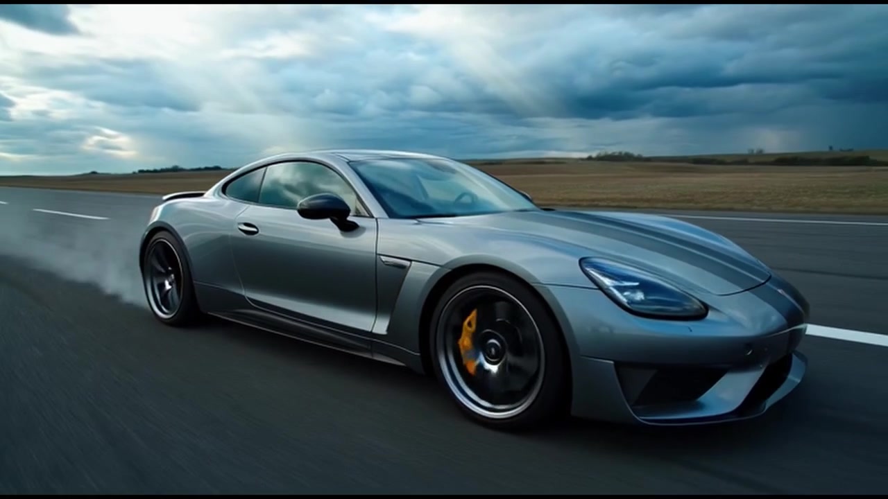 Auto sportiva argentata che guida veloce su una pista vuota