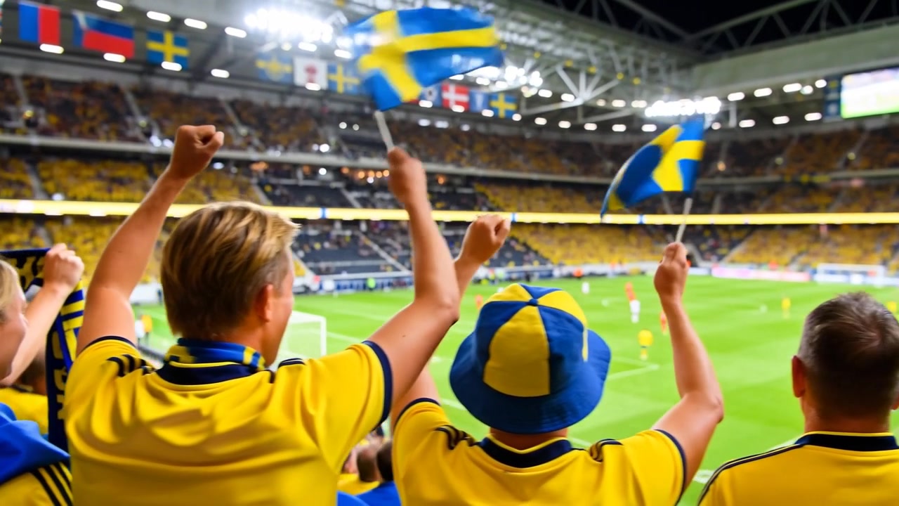 Jublende supporter på stadion hever knyttede never, vifter med svenske flagg i gul topp mens spillet nærmer seg motstanderens mål.