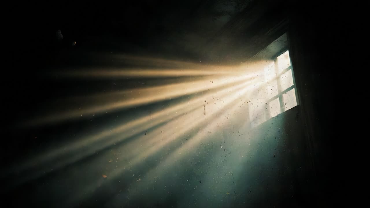 Ethereal Light Streaming Through a Dusty Window, Creating a Mystical Atmosphere Filled with Soft Particles and a Play of Shadows in a Dimly Lit Room