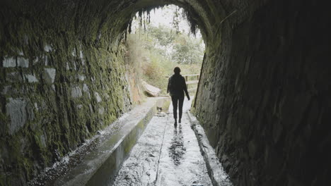 silhouetted person walking through a dark, mossy tunnel towards the light
