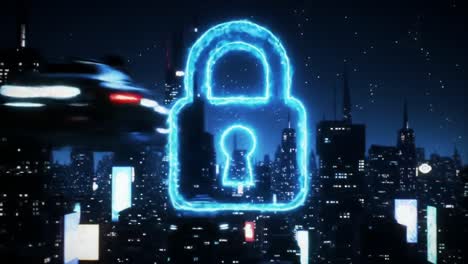a stunning digital representation of security in a modern cityscape: futuristic locks highlighting urban architecture with a hint of technology and mystery