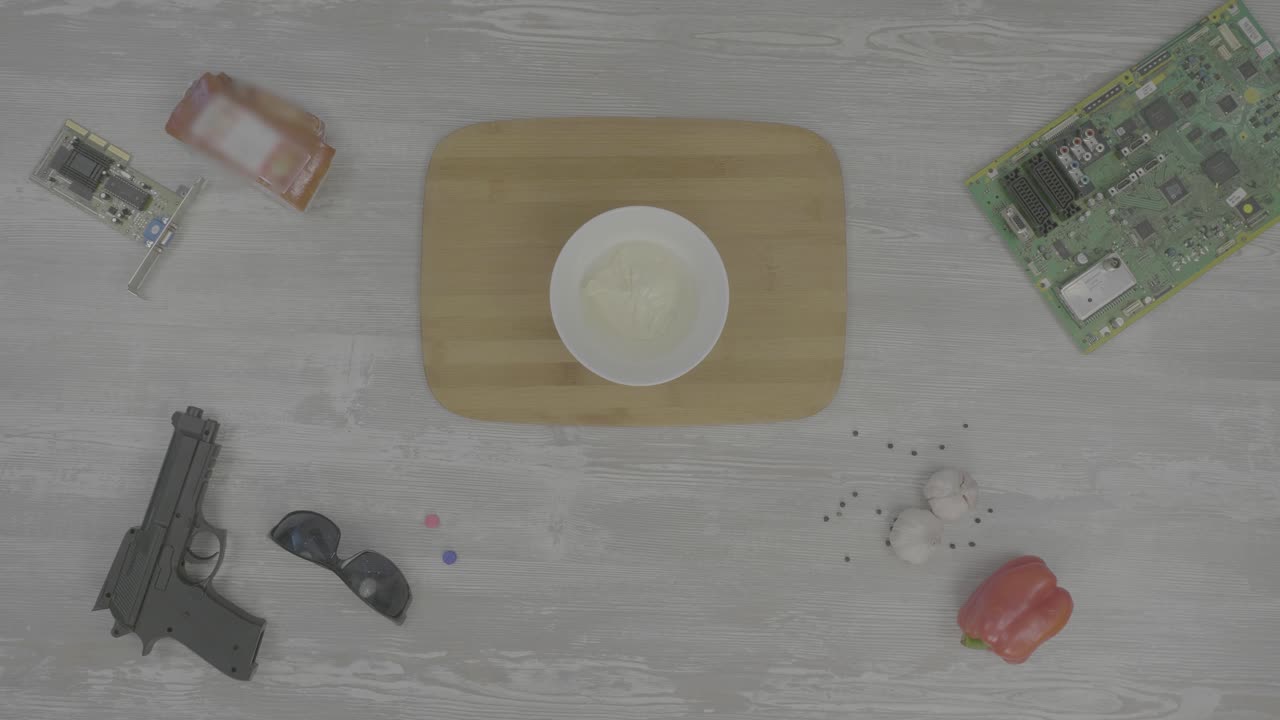 다양한 물건으로 음식을 준비하는 것