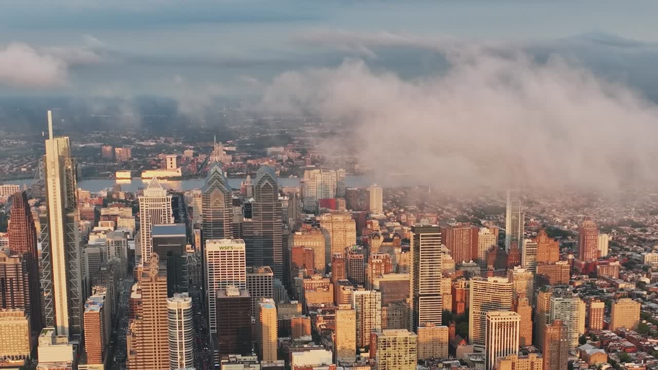 Stunning aerial view of Philadelphia skyline at sunset with clouds