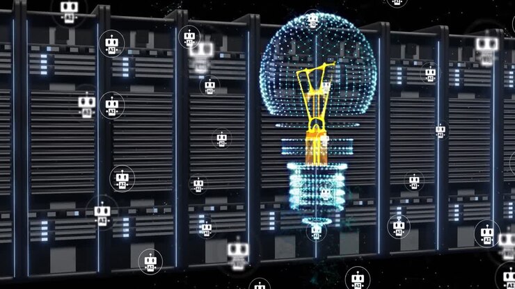 Animation of lightbulb and ai chatbots over computer servers