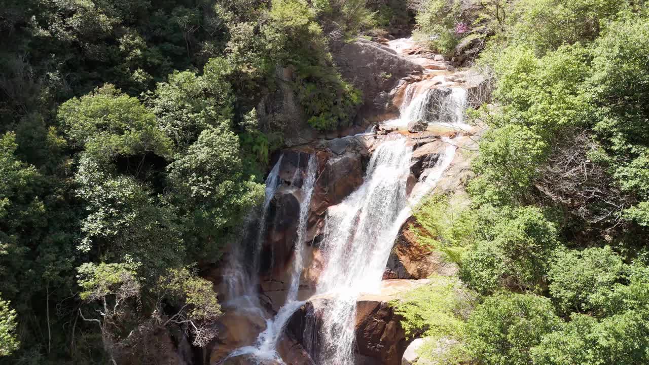 Aerial shot pulling back from a scenic waterfall cascading over rocks. The falls are surrounded by a lush, sunlit green forest, creating a tranquil natural scene.
