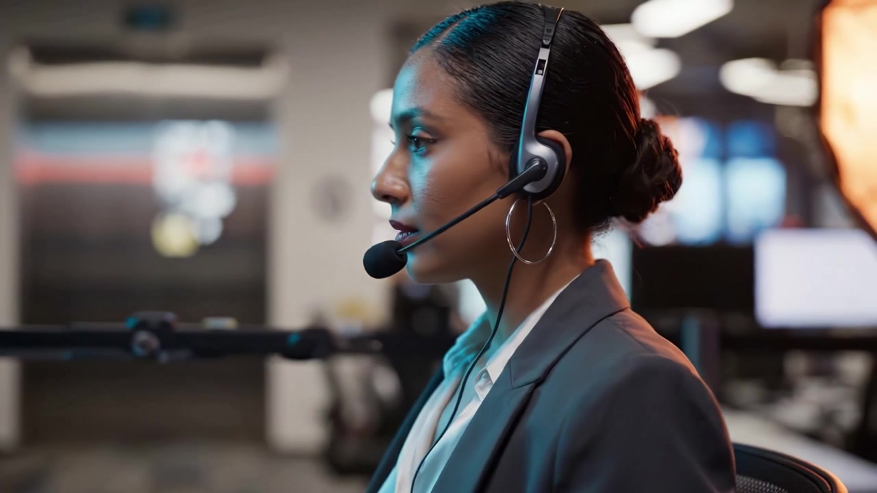 Fokuseret kvindelig professionel med headset demonstrerer kommunikationsevner i et moderne kontormiljø, der viser engagement og teknologi i en supportrolle.