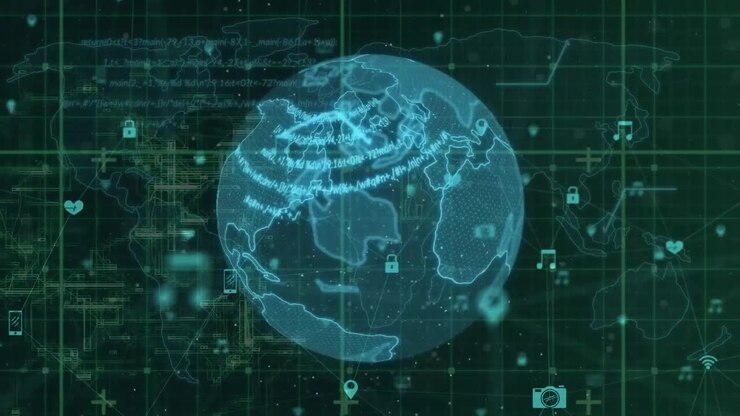 Animazione di elaborazione dati su globo e connessioni