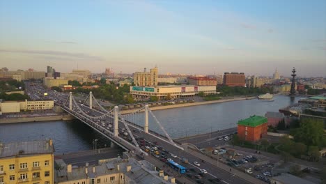 russia sunset time moscow city famous krymsky bridge traffic aerial panorama 4k