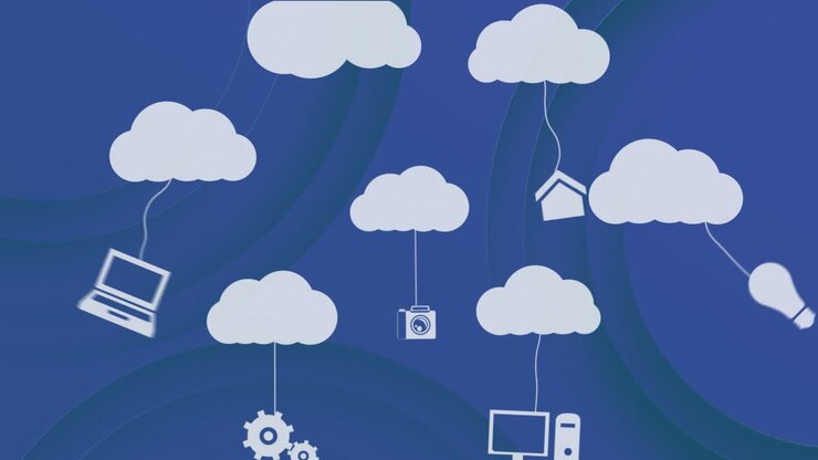 Animation of cloud and electronic devices icons over dark background