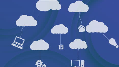 Animation of cloud and electronic devices icons over dark background