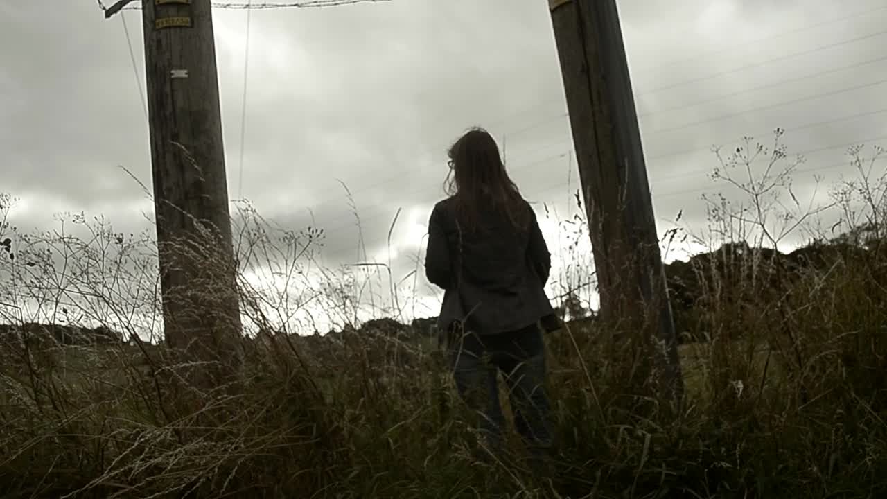 Woman views field and landscape through posts