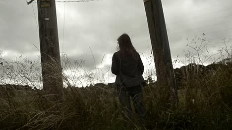 woman views field and landscape through posts