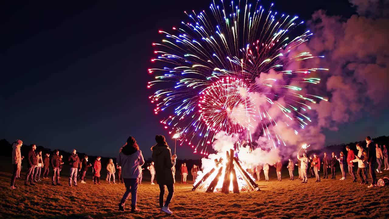 A wide-angle video captures a lively bonfire gathering at dusk, with people encircling the flames