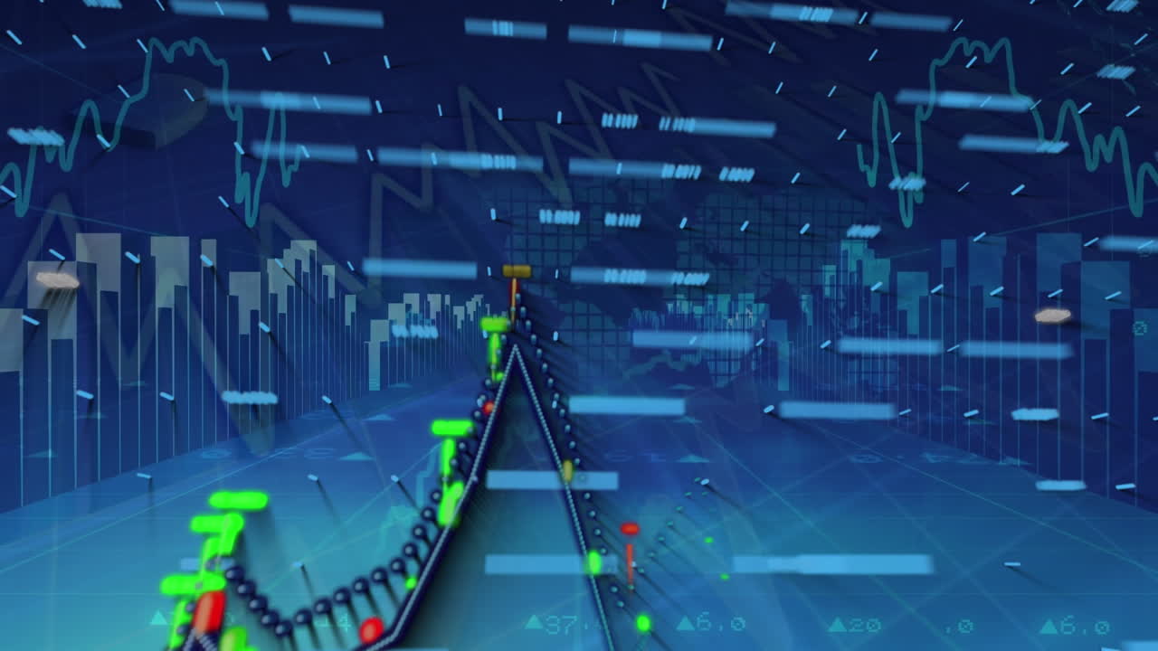 해군 배경의 세계 지도 위의 금융 데이터와 그래프의 애니메이션