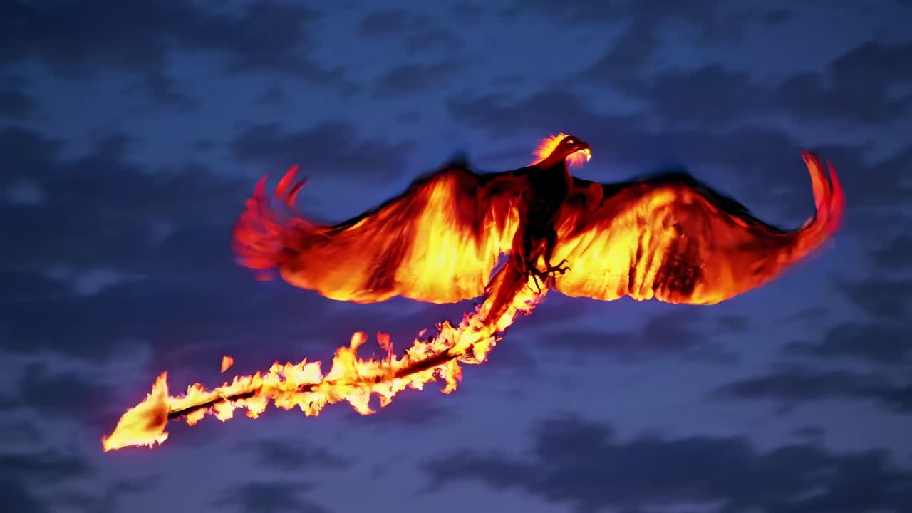 Aerial view of a fiery phoenix soaring against a twilight sky, capturing a mythical and cinematic