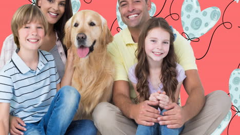animación de padres felices con hijo, hija y perro de compañía, con globos de corazón en fondo rosa
