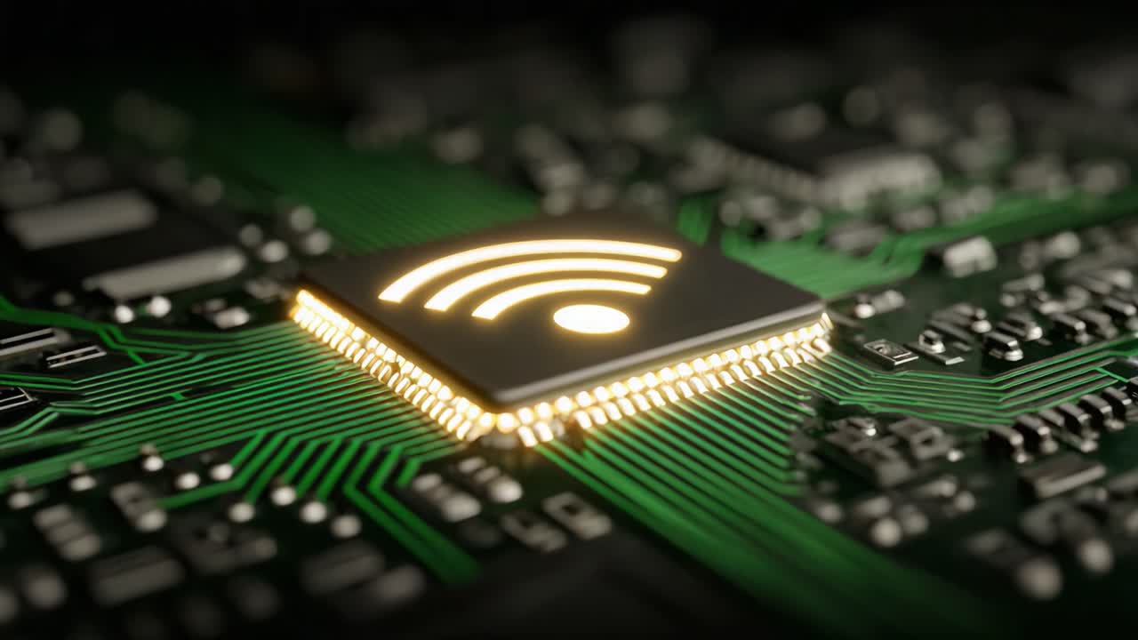 High-Tech Circuit Board Featuring a Prominent Wi-Fi Symbol Illuminated at the Center, Showcasing Modern Connectivity in Electronics Manufacturing
