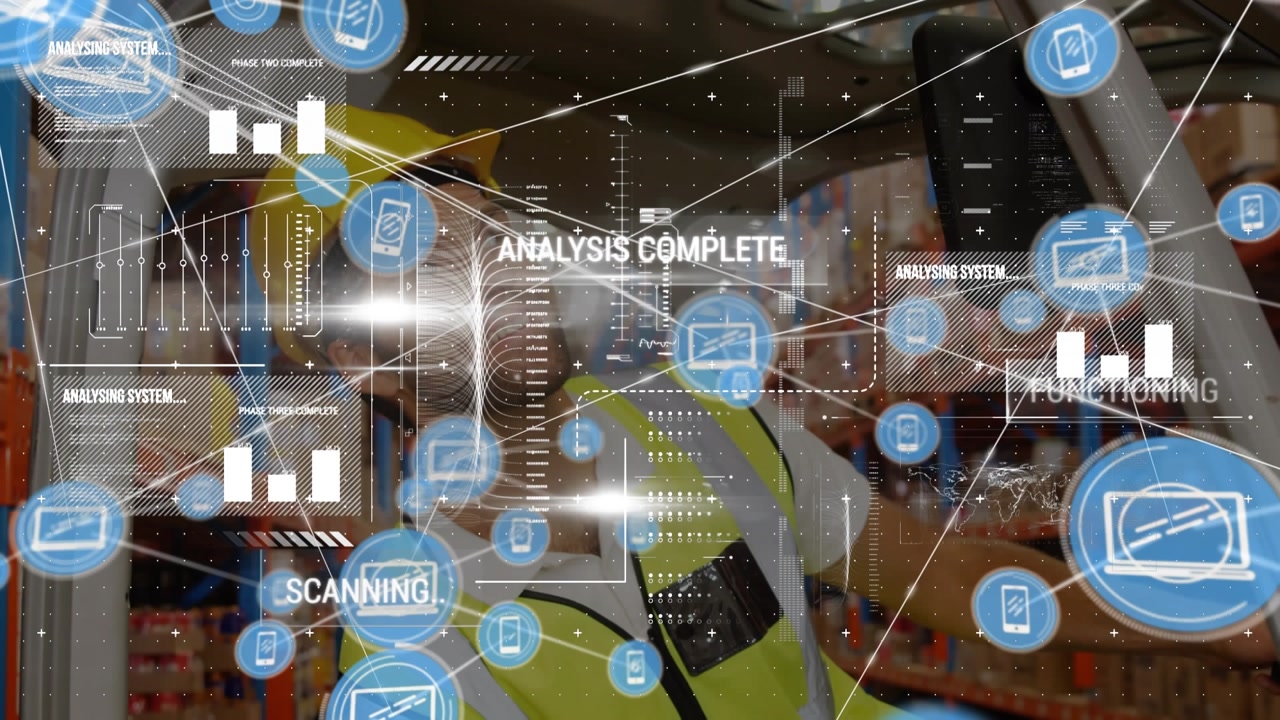 Animation of data processing and network of icons over caucasian male worker operating forklift
